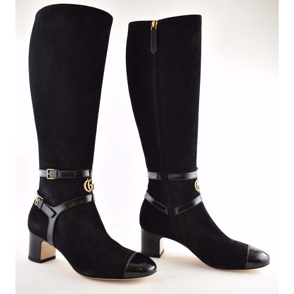 Gucci Geraldine 55 Black Suede Patent GG Gold Logo Low Heel Knee High Boot 35 - Picture 5 of 12